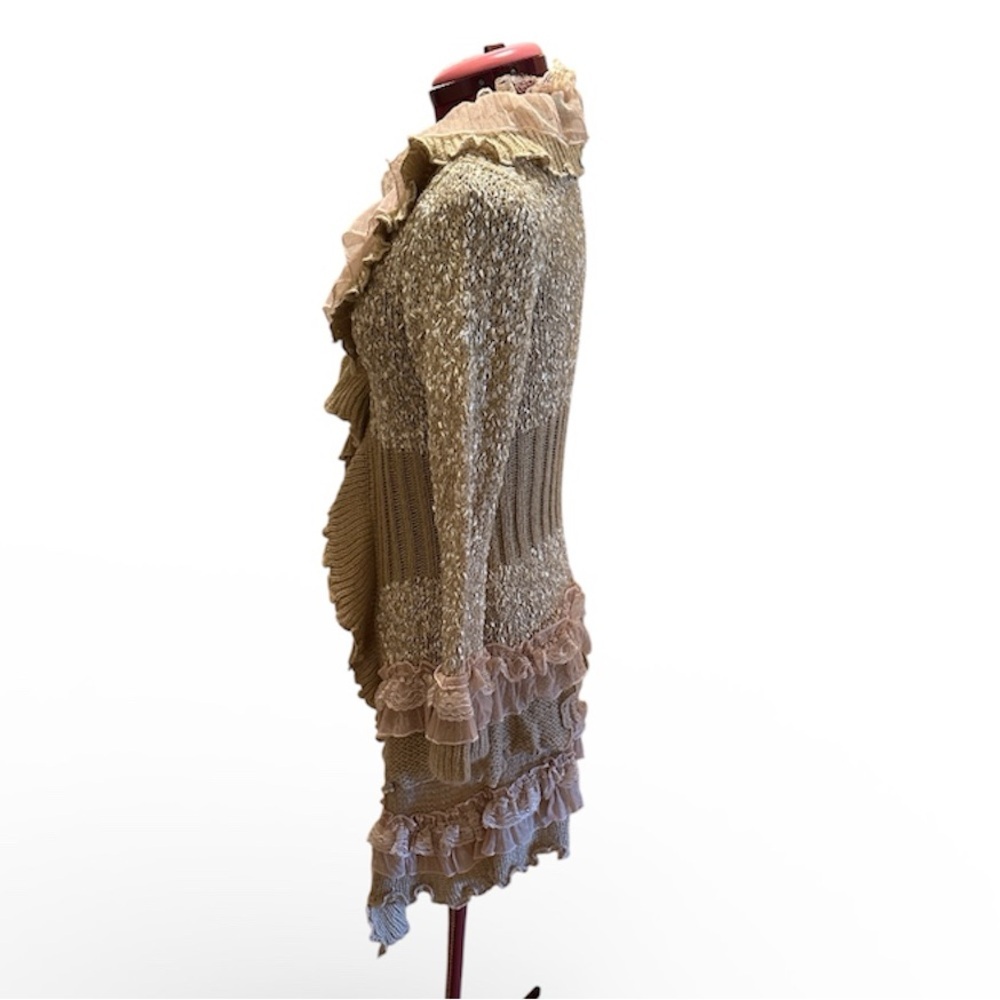 Gorgeous Beige Ruffled Knit Cardigan Sweater Mid-Thigh Boho Fringe Open Front - Picture 4 of 11